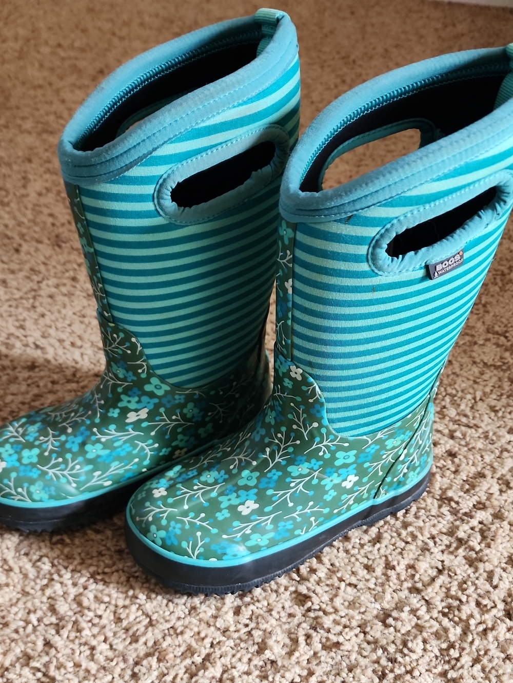 Bogs Kids Teal Striped & Floral Rain Boots